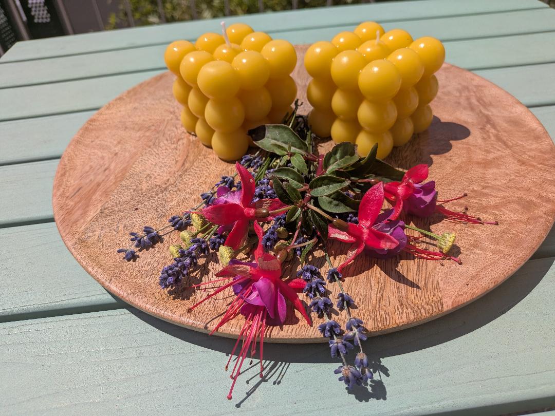 Zwei würfelförmige Bienenwachskerzen mit Kugelnoppen-Struktur auf Holzscheibe mit Fuchsien