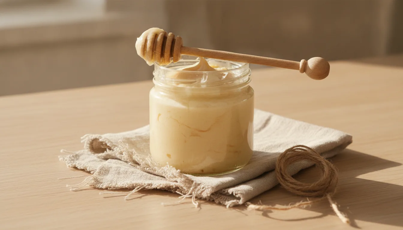 Glas Cremehonig mit Holzlöffel auf Leinen, dazu eine Schnur als Geschenkverpackung