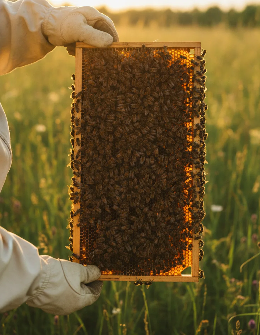 Hände mit Imkerhandschuhen halten einen Wabenrahmen mit Bienen im Gegenlicht